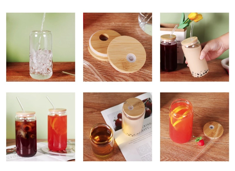 New Style 16 Oz Beer Can Glass with Bamboo Cover and Glass Straw Used for Ice Coffee Cup Smoothies Boba Tea Whisky Water